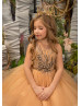 Beaded Gold Lace Tulle Ruffle Floor Length Flower Girl Dress